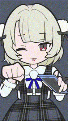 a girl with blonde hair and red eyes is holding a cell phone in her hand