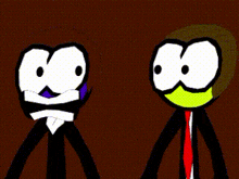 a cartoon character with a yellow face and a purple mouth is standing next to another character