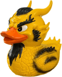 a yellow dragon rubber duck with horns and a beard
