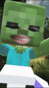 a close up of a minecraft character with a green face