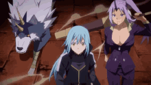 a group of anime characters are standing next to each other with a wolf in the background
