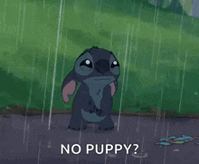 a cartoon character is standing in the rain .