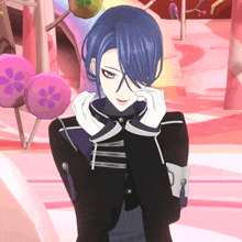 a cartoon character with blue hair and white gloves is standing in front of candy