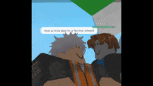 a video game character says wut a nice day in a ferries wheel while standing next to another character