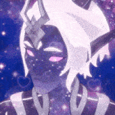 a cartoon character with purple eyes and hearts around his face