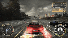 a video game screen shows a red car driving down a wet road