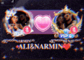a purple background with a pink heart and the name ali & narmin on it