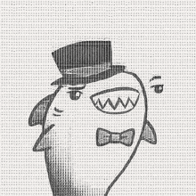 the shark is wearing a top hat and bow tie .