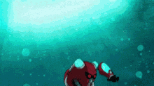 a red robot with red eyes is swimming in the ocean