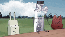a cartoon drawing of a bottle of perfume a charger and a red object with an angry face