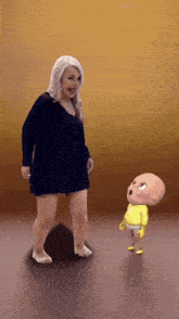 a woman in a black dress is standing next to a cartoon character