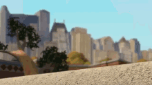 a cartoon scene with a city in the background