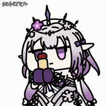 a cartoon of a girl with purple hair and a flower in her hair