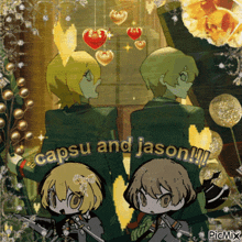 a picture of capsu and jason with hearts hanging from a ceiling