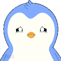 a blue and white penguin with a sad look on its face and the word ncu below it