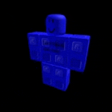 a blue roblox character is standing in the dark with a black background .