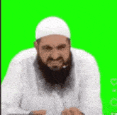 a man with a beard is wearing a white hat and a microphone .