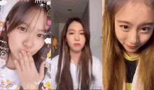 a collage of three pictures of a girl with the word nice written on her hair