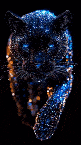 a black panther with blue eyes is surrounded by sparkles