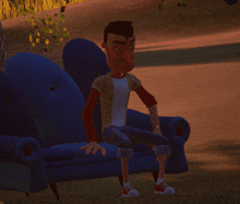 a cartoon character is sitting on a blue couch in the grass