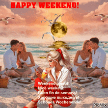 a picture of a man and woman sitting on a beach with the words happy weekend