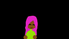 a cartoon girl with pink hair and a green shirt is standing in the dark and smiling .