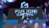a cartoon character stands in front of a fusion gaming sign