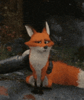 a fox with a white tail is standing in a field