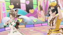 two anime girls are dancing on a stage and one has a cat ear
