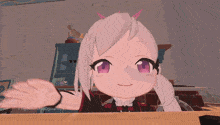 a cartoon girl with purple eyes is sitting at a table and smiling