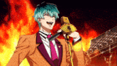 a man in a suit is singing into a microphone