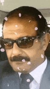 a man wearing sunglasses and a suit has petals falling on his face