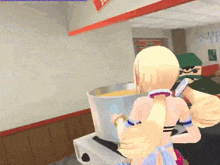 a girl in a blue dress is standing next to a pot of soup