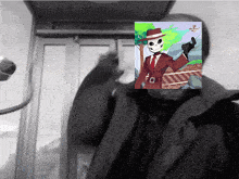 a black and white photo of a man with a picture of a skeleton in a suit and tie