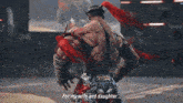 a very muscular man is standing on a stage and says `` for my wife and daughter '' .