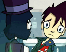 a cartoon character with a top hat and a g on his shirt