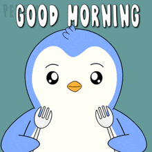 a penguin holding a fork and knife with the words good morning written above it