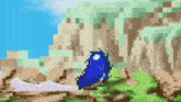 a pixel art drawing of a blue object on a green field