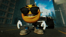 a smiley face wearing sunglasses is standing in front of a suv that says evolve