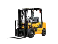 a yellow and black hyundai forklift on a white backdrop