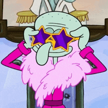 squidward from spongebob wearing sunglasses and a pink fur coat