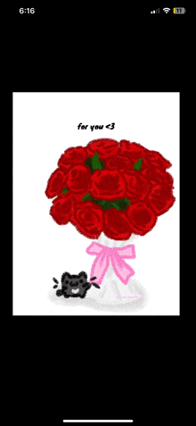 a drawing of a bouquet of red roses with the words for you < 3 below it