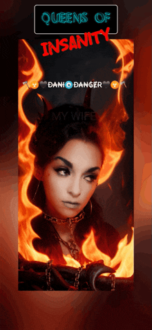 a poster for queens of insanity shows a woman with horns on her head