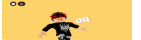 a boy with red hair is wearing headphones and a black shirt with the words oh girl on it .