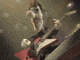 a cartoon man is playing a red guitar