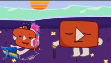 a cartoon drawing of a youtube icon with headphones