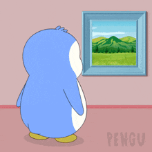 a cartoon of a penguin looking at a picture on a pink wall