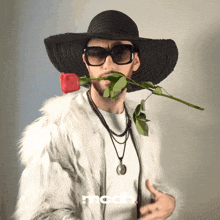a man wearing a hat and sunglasses is holding a red rose in his mouth and the word mcdh is on the bottom