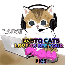 a cat wearing headphones and a microphone is sitting in front of a laptop and says dads