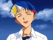a cartoon boy with a flag on his head
